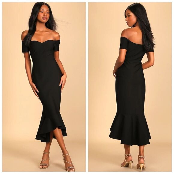 Lulus How Much I Care Black Off-the-Shoulder Midi Trumpet Dress Size Small NEW - Picture 4 of 16